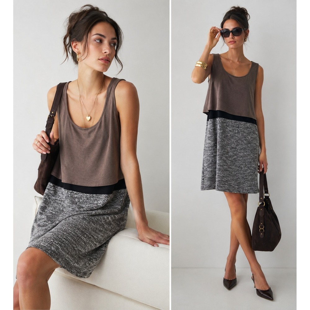 Mystree Dress Womens Large Brown Microsuede Gray Tweed Layered Lined Wool Blend‎